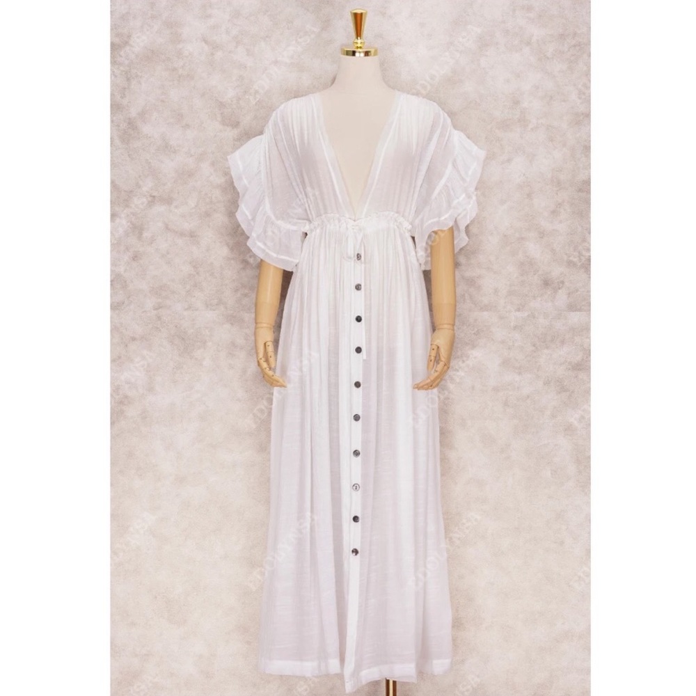 White Boho Deep V Open Back Maxi Cover Up Dress w/ Pockets - Picture 10 of 13